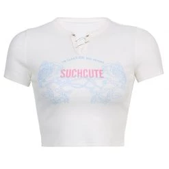 Juwas NEW ARRIVAL Rose Letters Print V-Neck Short T-shirt