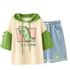 Juwas Cartoon Dinosaur Print T-shirt Denim Shorts Set