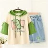 Juwas Cartoon Dinosaur Print T-shirt Denim Shorts Set
