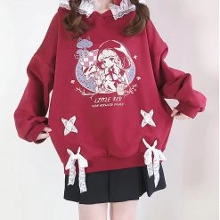Juwas NEW ARRIVAL Little Red Girl Lace Oversized Hoodie