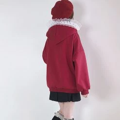 Juwas NEW ARRIVAL Little Red Girl Lace Oversized Hoodie