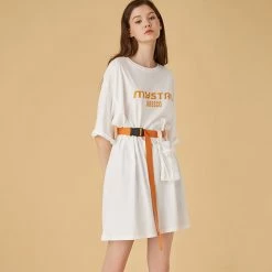 Juwas NEW ARRIVAL Letters Printed Loose T-shirt With Belt And Pocket