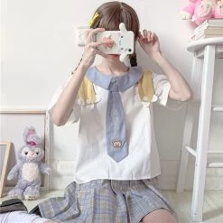 Juwas NEW ARRIVAL Cartoon Paw Embroidery Sailor Collar Summer T-shirt