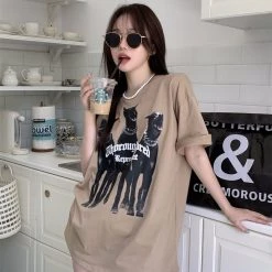 Juwas Vintage Dogs Print Loose T-shirt