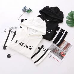 Juwas Cat “Meow” Paw Printed Ears Hooded T-shirt