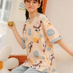 Juwas NEW ARRIVAL Cute Cartoon Cow Print Summer Cotton Pajamas Set