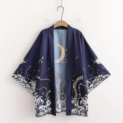 Juwas CLOTHING Japanese Moon Snake Carp Print Kimono Outerwear Sun Protective