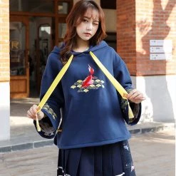 -Juwas Koi Fish Print Tassel Detail Loose Hoodie NEW ARRIVAL