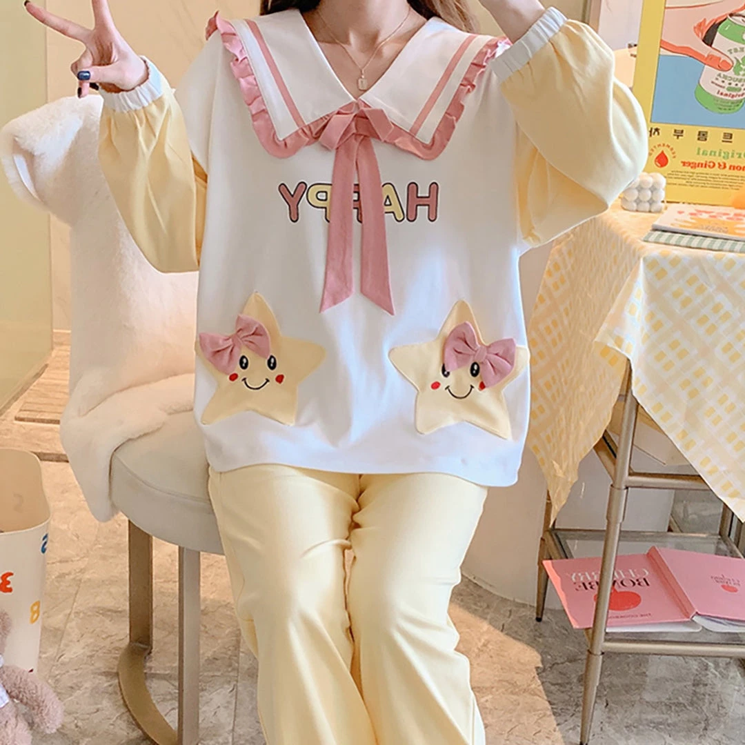 Juwas Cute Cartoon Stars Embroidery Pajamas Set 7 Juwas Cute Cartoon Stars Embroidery Pajamas Set