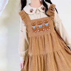 Juwas Bear Embroidery Corduroy Long Sleeve Dress NEW ARRIVAL