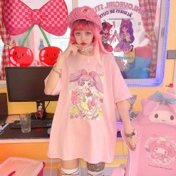 Juwas Sweet Animal Girl Print Loose Pink T-shirt