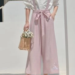 Juwas Rose Pink Plaid Capri Romper Pants