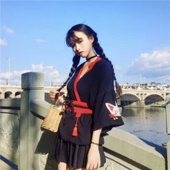 Juwas Japanese Fox Kitsune Black N’ Red Wrap Kimono NEW ARRIVAL