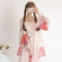 -Juwas Japanese Flower Chiffon Loose Kimono Set 10 -Juwas Japanese Flower Chiffon Loose Kimono Set