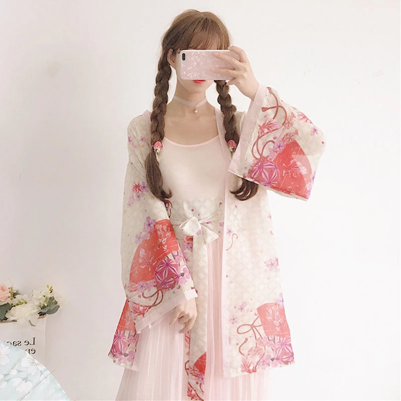 -Juwas Japanese Flower Chiffon Loose Kimono Set 6 -Juwas Japanese Flower Chiffon Loose Kimono Set