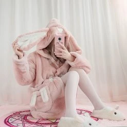 Juwas Kawaii Baby Pink Rabbit Fluffy Hoodie Cardigan CLOTHING