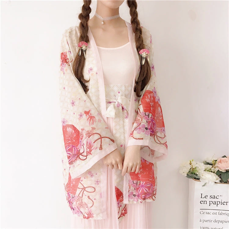 -Juwas Japanese Flower Chiffon Loose Kimono Set 5 -Juwas Japanese Flower Chiffon Loose Kimono Set