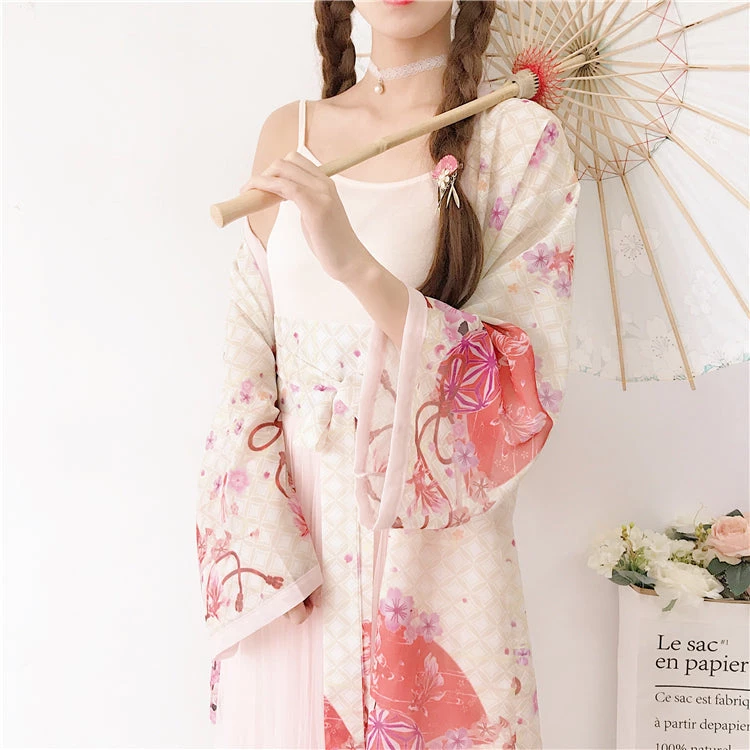 -Juwas Japanese Flower Chiffon Loose Kimono Set 4 -Juwas Japanese Flower Chiffon Loose Kimono Set