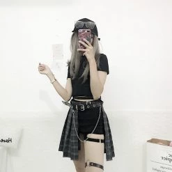 Juwas.com Online Store Gothic Punk Harajuku Gray Plaid Skirt Shorts Belt Top