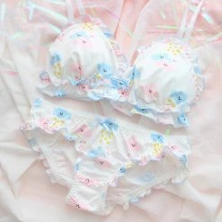 -Juwas Cute Floral And Clouds Print Padded Bra Panty Set