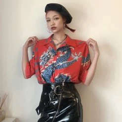 Juwas Vintage Dragon Printed Button Up Loose Shirt