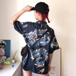 Juwas Vintage Dragon Printed Button Up Loose Shirt