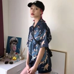 Juwas Vintage Dragon Printed Button Up Loose Shirt