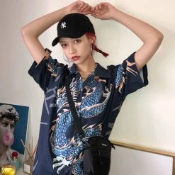 Juwas Vintage Dragon Printed Button Up Loose Shirt