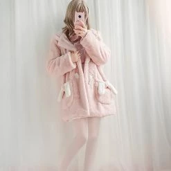 Juwas Kawaii Baby Pink Rabbit Fluffy Hoodie Cardigan CLOTHING
