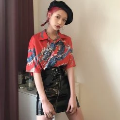 Juwas Vintage Dragon Printed Button Up Loose Shirt