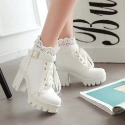 Juwas.com Online Store White Black Lace Up Ankle Boots NEW ARRIVAL