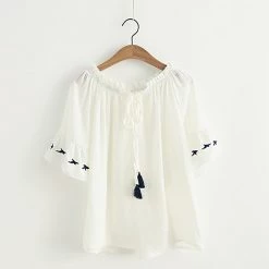 Juwas.com Online Store Japanese Style Embroidery Chiffon Loose T-shirt