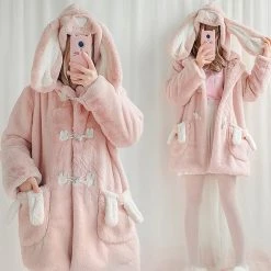 Juwas Kawaii Baby Pink Rabbit Fluffy Hoodie Cardigan CLOTHING