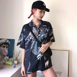 Juwas Vintage Dragon Printed Button Up Loose Shirt