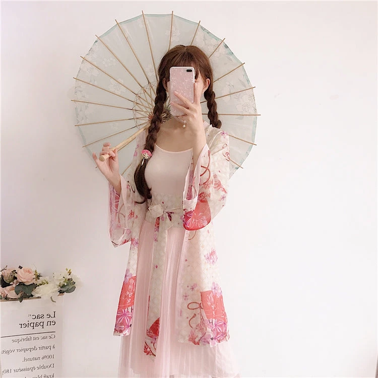 -Juwas Japanese Flower Chiffon Loose Kimono Set 7 -Juwas Japanese Flower Chiffon Loose Kimono Set