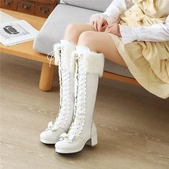 Juwas Lolita Bowknot Warm Knee High Boots Shoes