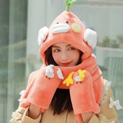 Juwas 3 In 1 Warm Fluffy Chicken Hooded Scarf Gloves