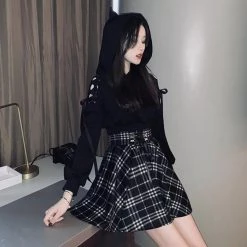 Juwas Gothic Cat Ear Lace Up Short Hoodie CLOTHING