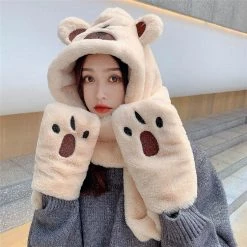 Juwas Cute Bear Hooded Scarf Gloves