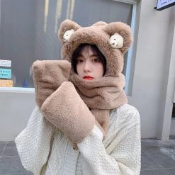 Juwas CLOTHING Cartoon Bear Hooded Scarf Gloves