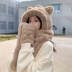 Juwas NEW ARRIVAL Lovely Cat Ears Warm Hooded Scarf Gloves