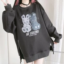 Juwas Rabbit NO VIOLENCE Print Plush Sweatshirt