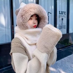 Juwas Lovely Ear Hooded Scarf Gloves CLOTHING