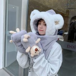 Juwas Cute Bear Hooded Warm Soft Scarf CLOTHING