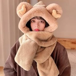 Juwas NEW ARRIVAL Bear Ear Hooded Scarf Gloves