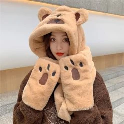 Juwas Cute Bear Hooded Scarf Gloves