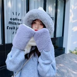 Juwas Lovely Ear Hooded Scarf Gloves CLOTHING