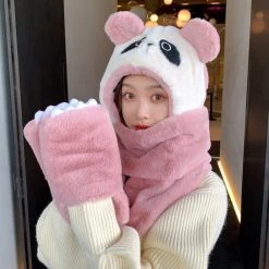 Juwas Cute Panda Hooded Scarf Gloves
