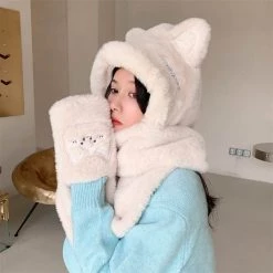 Juwas NEW ARRIVAL Lovely Cat Ears Warm Hooded Scarf Gloves