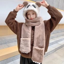 Juwas Cute Panda Hooded Scarf Gloves
